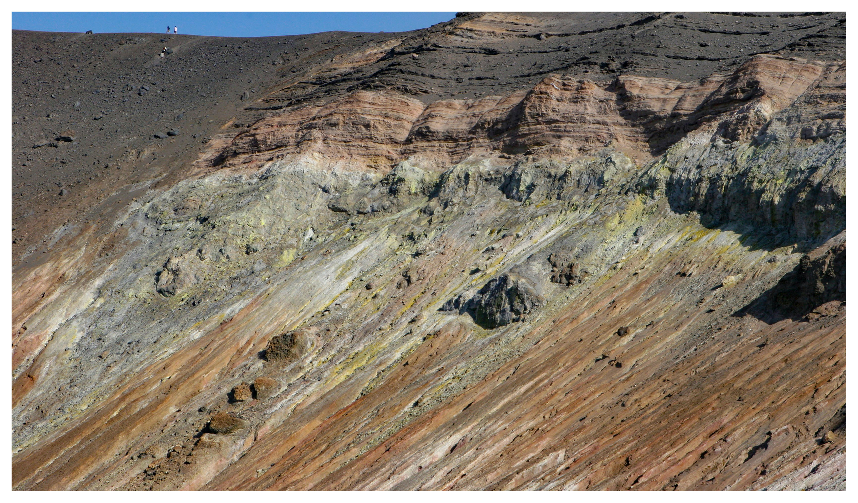 People dwarfed by the giant crater at Vulcano, Aeolean Islands, Sicily