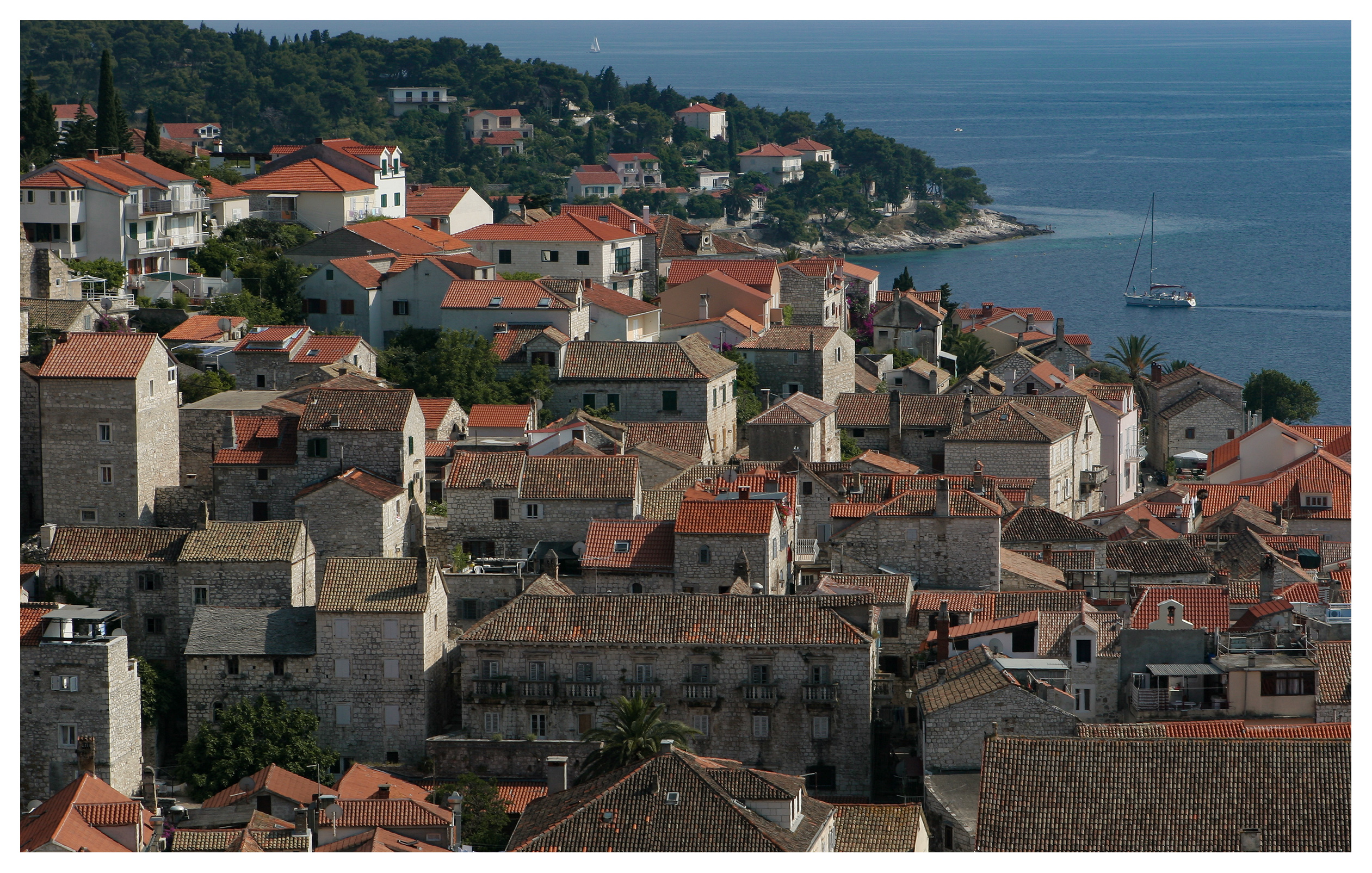 View of Hvar town and the bay from the castle. Croatia